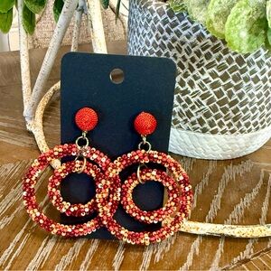 Elegant Red/Orange Beaded Hoop Earrings